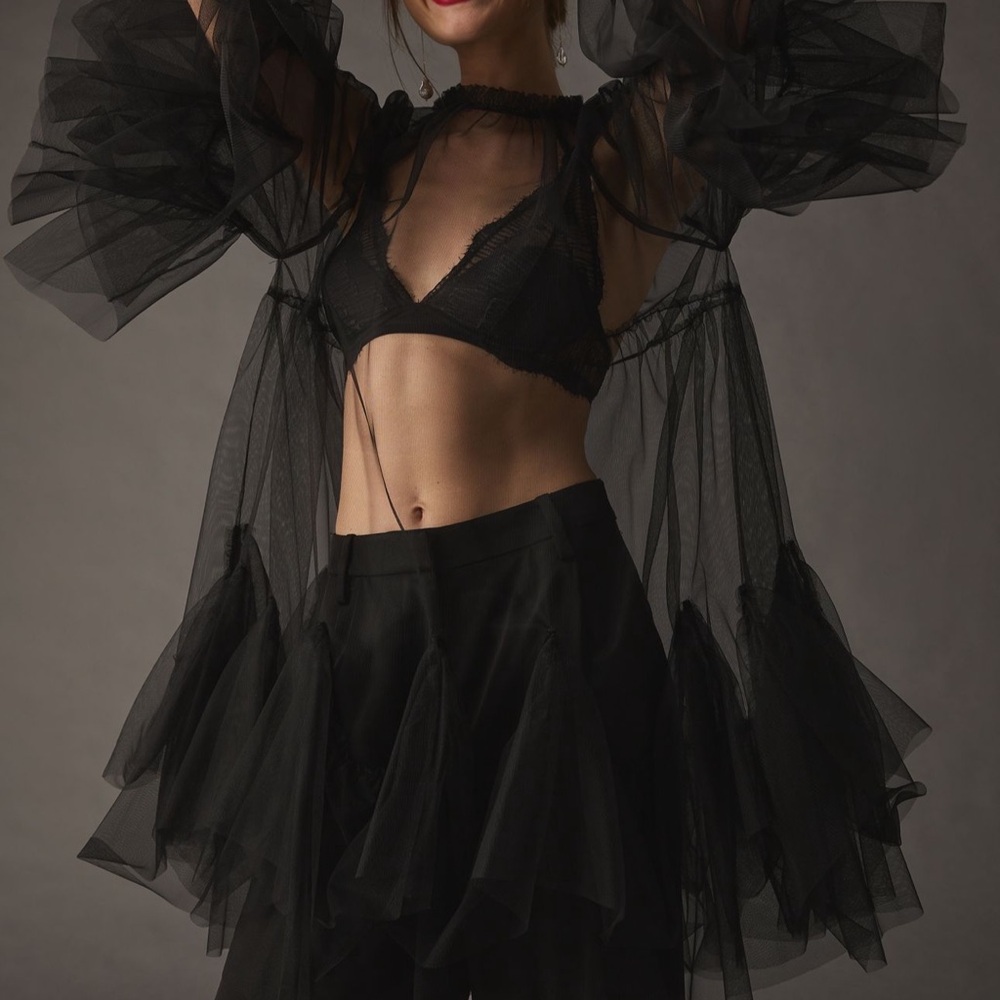 Maeve Black Sheer Top with Ruffles